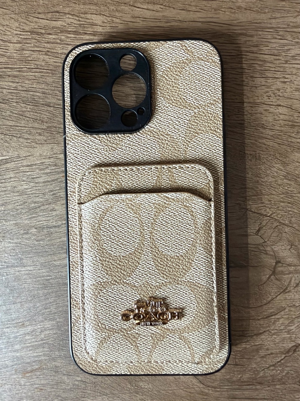 Coach Beige Signature Canvas iPhone 16 ProMax Card Case with Gold Logo